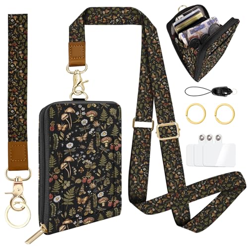 Mushroom Lanyard for Wallet, Boho ID Badge Holder & Lanyard Wallet, Cute RFID Leather Credit Card Holder with Keychain Breakaway Wrist & Neck Lanyards for Women Worker Teacher Student Nurse Gifts - color: Mushroom Butterfly Black