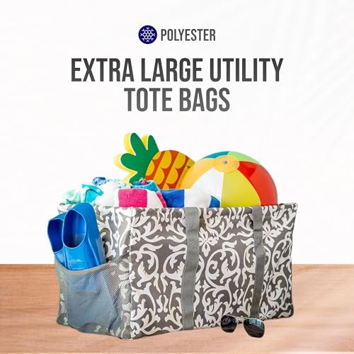 Extra Large Utility Tote Bag - Oversized Collapsible Beach Bag - Damask Gray - color: Damask Gray