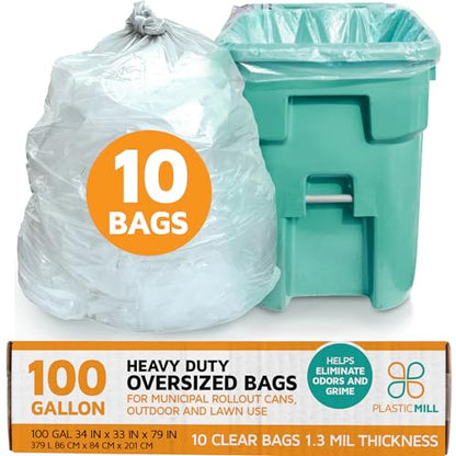 PlasticMill Heavy Duty Trash Bags Clear 100-Gallon 1.3 Mil 10-Count