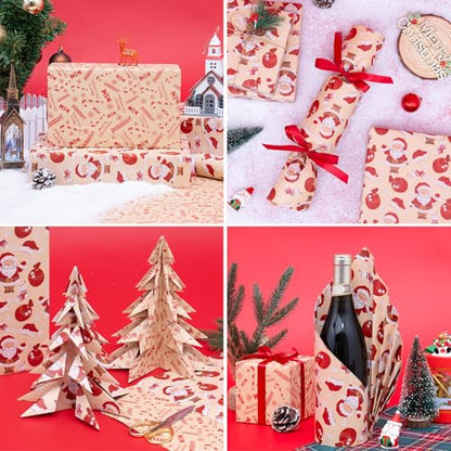 Larcenciel Christmas Wrapping Paper Roll, Reversible Santa & Candy Cane Pattern, Red and Brown Kraft Gift Wrapping Paper, Double-Sided Xmas Gift Wrap for Holiday Party, 17 In x 32.8 Ft (46.45 sq.ft.) - color: Brown And Red White