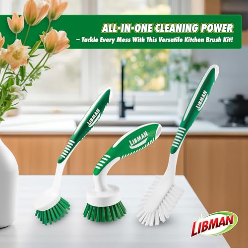 Libman Green & White Cleaning Brush Kit, 3-Piece Set, All-Purpose Brushes for Kitchen, Basins, Sinks, Dishwashers - style: Kitchen Brush Kit