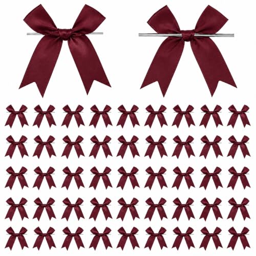 50 Pcs Twist Tie Bows for Treat Bags and Gift Wrapping, Burgundy - color: Burgundy