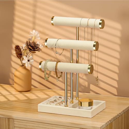 Jewelry Organizer Stand Display, 3 Tier Velvet Bracelet Holder, Beige - color: Beige, size: Standard