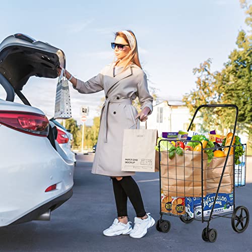 HOMGX Flat Folding Shopping Cart, 130 LBS Heavy Duty Utility Cart W/ 360° Swivel Front Wheels, 24" x 23" x 40" Foldable Grocery Cart for Laundry, Shopping, Groceries - color: Black