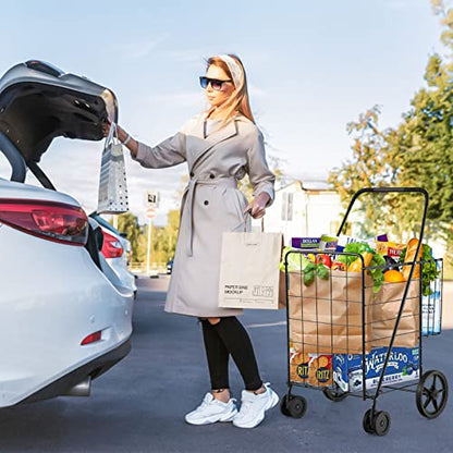 HOMGX Flat Folding Shopping Cart, 130 LBS Heavy Duty Utility Cart W/ 360° Swivel Front Wheels, 24" x 23" x 40" Foldable Grocery Cart for Laundry, Shopping, Groceries - color: Black