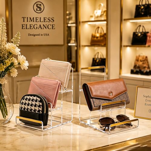 2 Pack 3-Tier Acrylic Wallet Display Stands, Gold Trim Purse Display Stand - size: 3 Tier (2 Pack)