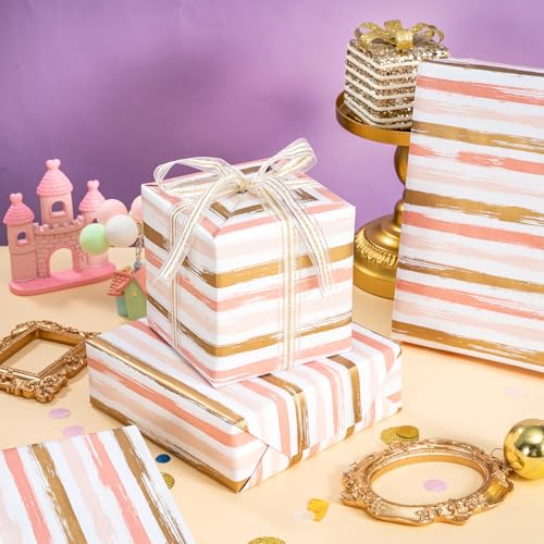 LeZakaa Pink Wrapping Paper Roll, Pink Striped Metallic Foil Gift Wrap for Baby Girl, Christmas, Birthday, Bridal Shower, Wedding Presents, with Gridlines, Mini Roll 17 in x 9.8 ft - color: Z-Gold Stripes, size: 17" X 9.8 ft