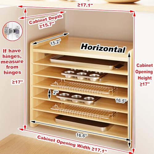 7 Tier Wooden Cookie Sheet Organizer for Cabinet Pot, Pans, Baking Tray Organizer for Kitchen Documents Storage(16.6" W x 16.5" H x 15.2" D) - size: 16.6" W x 16.5" H x 15.2" D