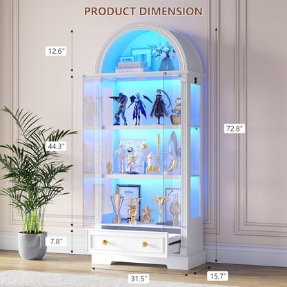Arched Display Cabinet with Glass Doors, 72" Tall Curio Cabinet with Human Sensor Lights, 4-Tier Display Case for Collectibles Bookcase Living Room - color: White