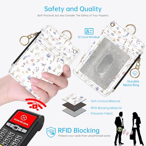 2-in-1 ID Badge Holder & Lanyard Wallet，Cute Zippered Pouch White Flowers 2 - color: White Flowers 2