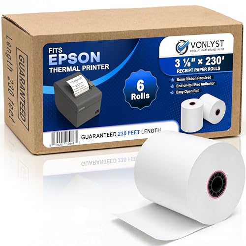 3 1/8 x 230 Thermal POS Rolls for Epson Printers, BPA Free Thermal Printing Compatible with TM-T88 TM-T70 TM-T80 TM-T85 TM-H6000 T90 Series, Credit Card Machine & POS Printer Supplies, Pack of 06 - size: 06 rolls