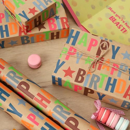 LaRibbons Birthday Wrapping Paper Mini Roll, Kraft Happy Birthday Text - color: Kraft Birthday, size: 17 Inch X 16 Feet