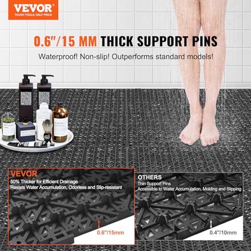VEVOR Interlocking Tile 50PCS Black, Drainage Tiles 12" x 12" Splicing, Soft PVC Interlocking Drainage Floor Tiles, Non-Slip Drainage Holes for Restroom, Bathroom, Kitchen, Pool, Wet Areas - color: Black