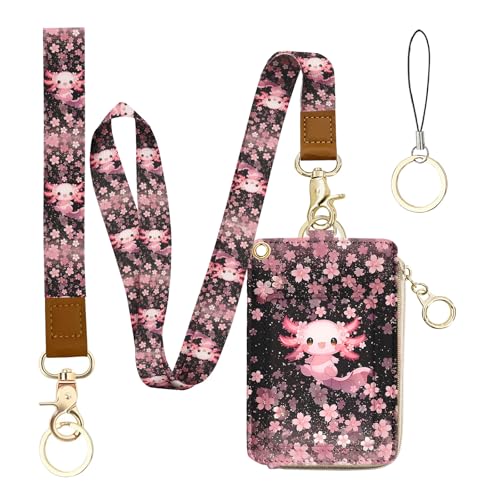 bolimoss Axolot ID Badge Holder & Lanyard Wallet 2-in-1Cute Sakura Womens Small Wallet with Removable Wristlet & Neck Lanyard, Clear Window, 5 Card Slots, Side Zipper Pocket, Ring Keychain - color: Cherry Blossom Axolot