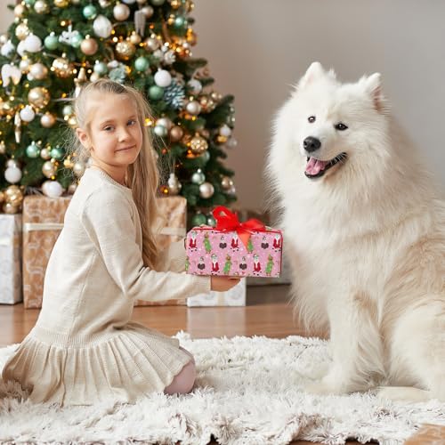 ZINTBIAL Dog Christmas Reversible Wrapping Paper Roll - Gift Wrap with Pink Polka Dots on Reverse - Perfect for Holidays, Pet Lovers & Christmas Gifting - 17.5 in x 33 ft (48 sq. ft) - color: Pink-Christmas