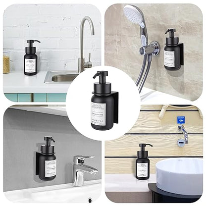 Black Glass Soap Dispenser Wall Mount for Bathroom with Pump and Drill-Free Holders - 8.5 Oz Hand Soap Dispenser, Shower Dispenser with Waterproof Labels - color: Black Set of 1