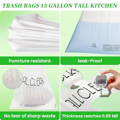 Trash Bags 15 Gallon Tall Kitchen Drawstring Garbage Bag Fit 13-15 Gal Bins
