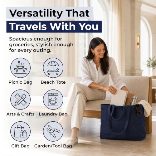 VeraMia Canvas Grocery Bag 3pc XL Set with Real Pockets, Long Shoulder Strap and Short Handle. Heavy Duty, Foldable, Washable - color: Navy Blue
