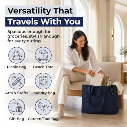 VeraMia Canvas Grocery Bag 3pc XL Set with Real Pockets, Long Shoulder Strap and Short Handle. Heavy Duty, Foldable, Washable - color: Navy Blue