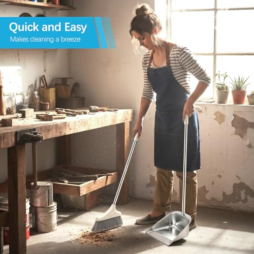 2 Pack Stainless Steel Broom and Dustpan Set Heavy Duty, Long Handle Dustpan with Upright Stand, Angled Bristles for Indoor and Outdoor Home Kitchen Floor Cleaning