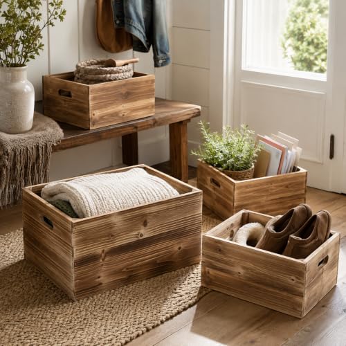 Oojami 4 Pack DIY Wood Crates with Handles, Weathered Natural Brown - color: Weathered Natural Brown