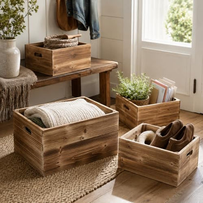 Oojami 4 Pack DIY Wood Crates with Handles, Weathered Natural Brown - color: Weathered Natural Brown