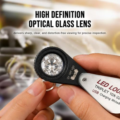 10X Jewelers Loupe Magnifier with UV & LED Lights, 22mm Triplet Lens, Rechargeable Foldable Jewelry Magnifier for Gems, Coins, Diamonds Inspection, Portable Loupe Tool