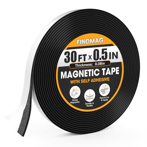FINDMAG Magnetic Tape, Magnetic Strips with Adhesive Backing, 1 Roll 30 Feet Magnet Tape Perfect for Craft and DIY Projects, Whiteboards & Fridge (0.08" Thick 1/2" Wide)