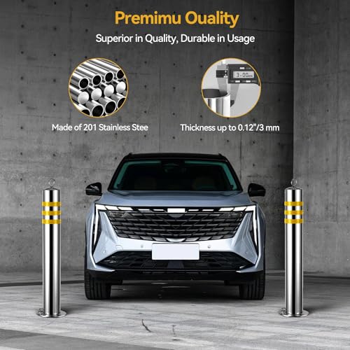 32" Safety Bollard with 16Ft Chains, Stainless, Reflective Tape, 8 Anchors - size: With Chain