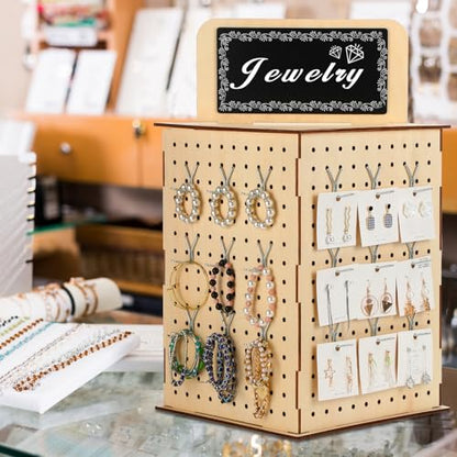 Barydat Rotating Pegboard Display Stand with Hooks, 4 Sided Revolving Jewelry Organizer Stand 11.8 x 15.8 In with Blackboard for Retail Display Trade Show Craft Shows Keychain Vendor Events(Natural)