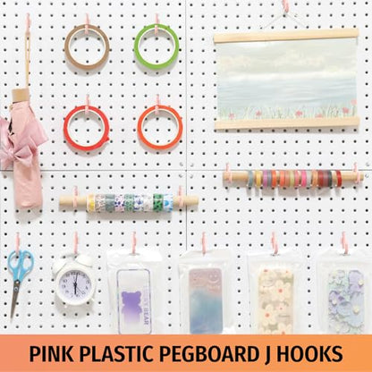 HUHOLE 100PC Pink Plastic Pegboard J Hooks for 1/4" Board - color: Pink