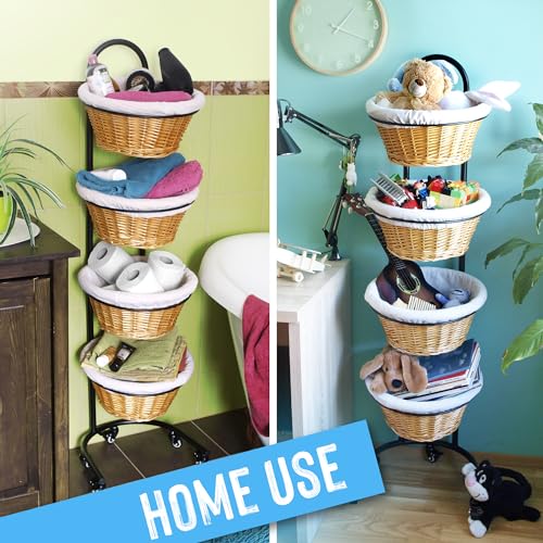 4 Tier Wicker Basket Display Stand for Retail with Wheels and Sign Clips