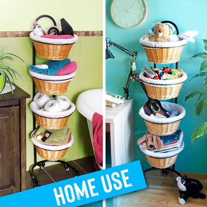 4 Tier Wicker Basket Display Stand for Retail with Wheels and Sign Clips