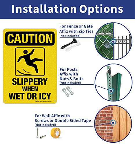 Caution Sign, Slippery When Wet or Icy Sign, (4 Pack) 10 x 7 Inches 0.40 Reflective Aluminum, UV Protected, Weather Resistant, Durable Ink, Easy to Mount - color: Yellow - 4 Pack