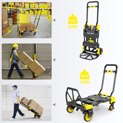 2-in-1 Foldable Hand Truck Dolly,330lb Cart Retractable,4& 2 Wheel,Yellow - color: Yellow, size: 330lbs