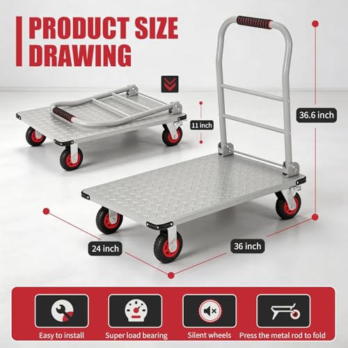 Heavy Duty 1800LBS Steel Platform Truck Cart – 36"x24" Flatbed Push Cart, 6" Swivel Wheels & Brakes, Collapsible Handle, Utility Dolly for Warehouse & Garage - color: Silver