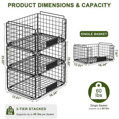 JKsmart 3 Pack XXL Stackable Wire Baskets, Pantry Organizers and Storage - size: XXL-16.34"x12.01"x23.61"