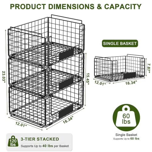 JKsmart 3 Pack XXL Stackable Wire Baskets, Pantry Organizers and Storage - size: XXL-16.34"x12.01"x23.61"