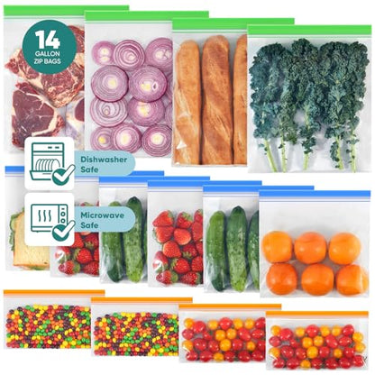 Lerine 14 Pack Reusable Freezer Bags Dishwasher Microwave Safe, Leakproof Extra-Large Reusable Snack Bags, BPA Free Food Storage Bags for Meal Prep (4 Gallon 6 Sandwich 4 Snack Bags)