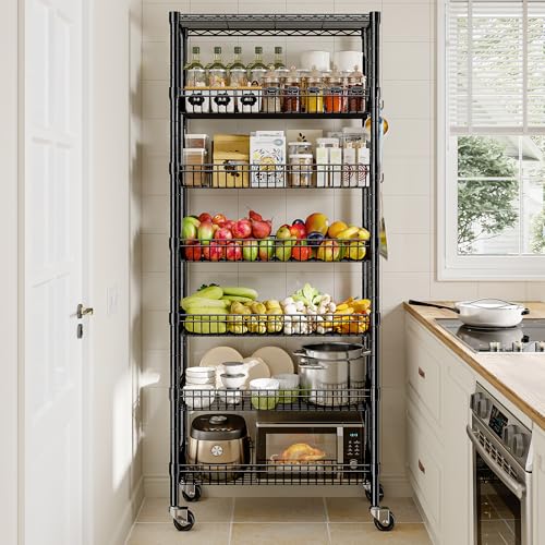 DurayLoly 7-Tier Wire Shelving Unit with Basket Shelf & Wheels - size: 72" H x 30" W x 14" D