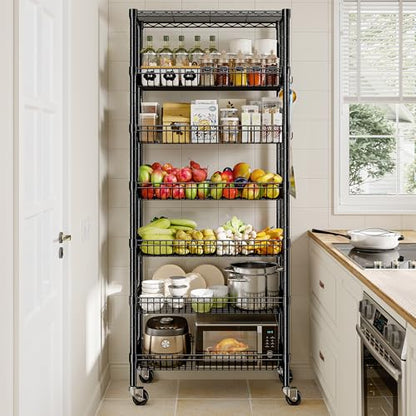 DurayLoly 7-Tier Wire Shelving Unit with Basket Shelf & Wheels - size: 72" H x 30" W x 14" D