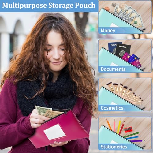 2 Pack PU Leather Money Bags with Zipper & Label, Light Blue & Rose Red - color: Light Blue & Rose Red