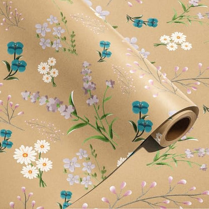 BBUP Wildflower Floral Wrapping Paper – Vintage Botanical Kraft Gift Wrap Roll for Wedding, Bridal Shower, Birthday & DIY Crafts (17 Inches x 9.84 Feet)