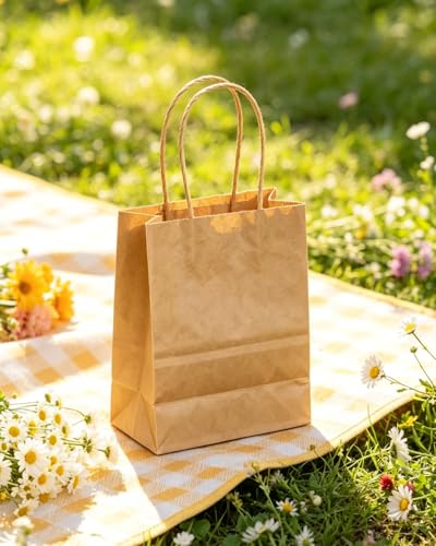 qiqee 100-Packs Mini Size Paper Gift Bags with Handles Bulk 4.5"×2.5"×6" Brown Gift Bags Multiple Uses - size: Mini - 100 Packs
