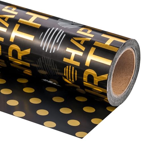 WRAPAHOLIC Reversible Birthday Wrapping Paper Roll - Mini Roll - 17 Inch x 16.5 Feet - Black Gold Happy Birthday Wrapping Paper Perfect for Adults Kids Girls Boys, Baby Shower - color: Black - Happy Birthday & Polka Dots