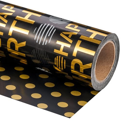 WRAPAHOLIC Reversible Birthday Wrapping Paper Roll - Mini Roll - 17 Inch x 16.5 Feet - Black Gold Happy Birthday Wrapping Paper Perfect for Adults Kids Girls Boys, Baby Shower - color: Black - Happy Birthday & Polka Dots
