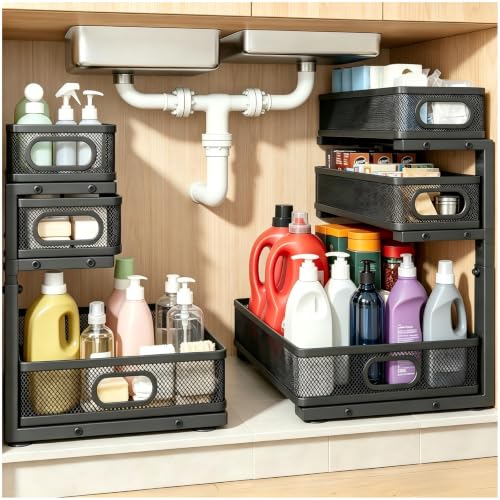 2 Pack Under Sink Organizer, 3-Tier Pull Out Cabinet Organizer and Storage - color: 3-Tier-Black