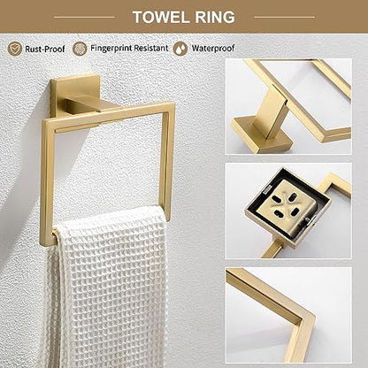 TQKAG 6-Piece Bathroom Towel Bar Sets Brushed Gold 23.6 inch Towel Bar Stainless Steel Towel Ring Coat Hook and Toilet Paper Holder Bathroom Hardware Set Wall Mounted Bathroom Accessories Kit - color: Brushed Dark Gold, size: 6-Pieces Set-A