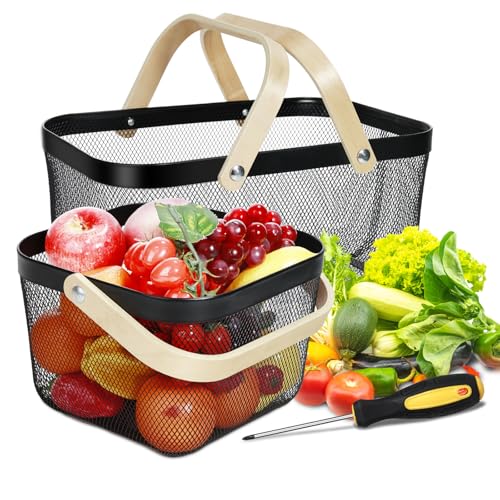 2 Pack Garden Harvest Basket, Metal Mesh Wire Picnic Basket with Handle - color: Black