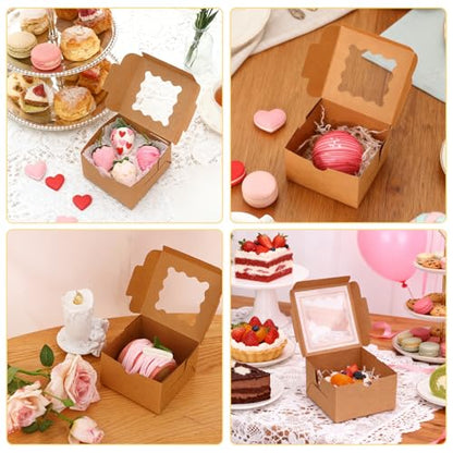 Moretoes 24pcs Small Cookie Boxes with Window, 4x4x2.5In Brown Bakery Boxes - color: Brown